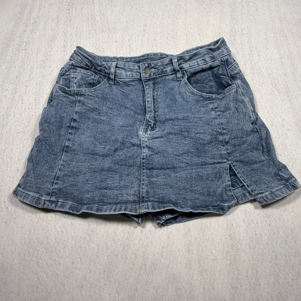 Elleven Women Blue Acid Wash Denim Skort Front Slit Mini Skirt E149 XL